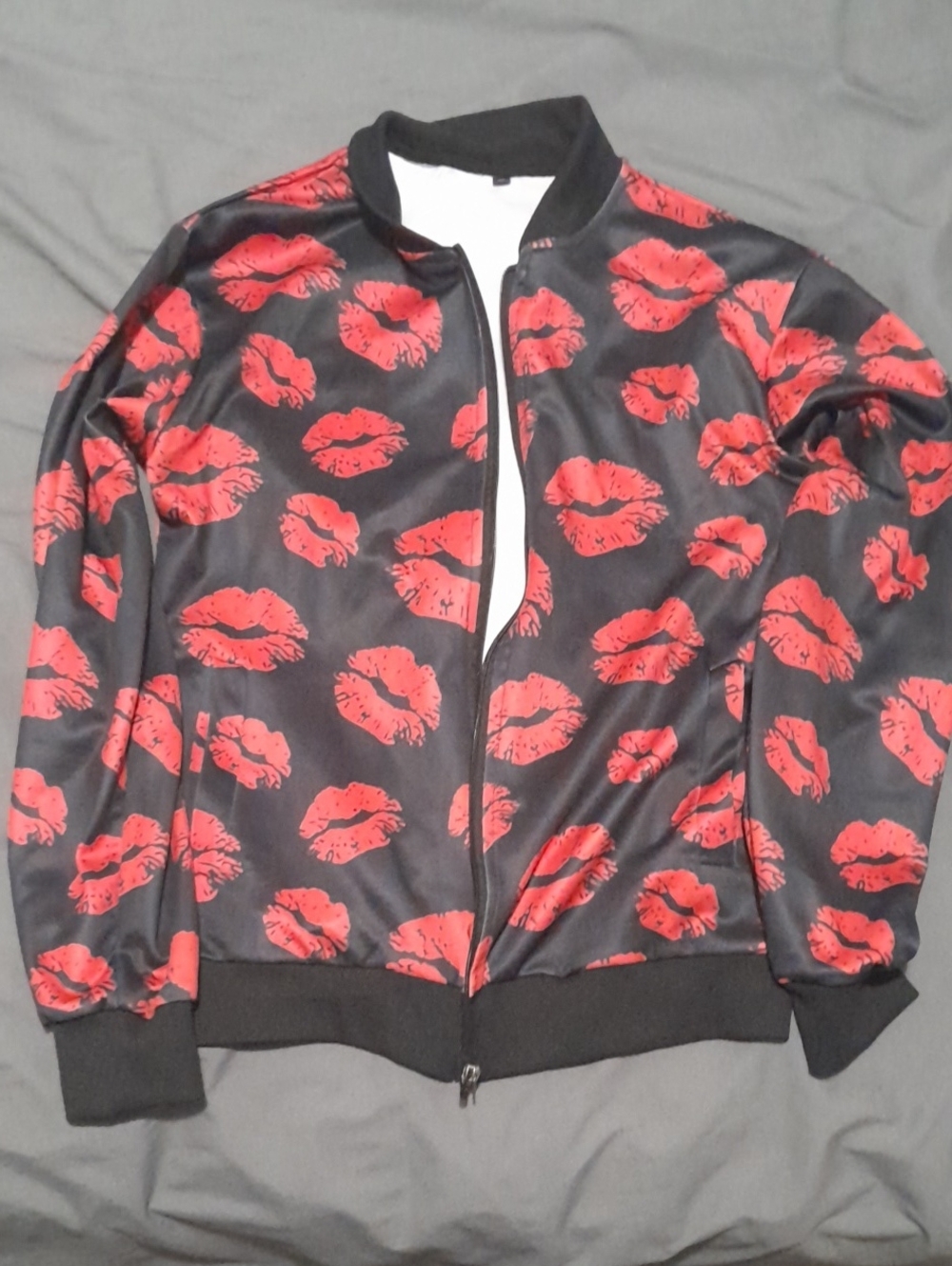 Women's Black Bomber Jacket with Red Lip Print